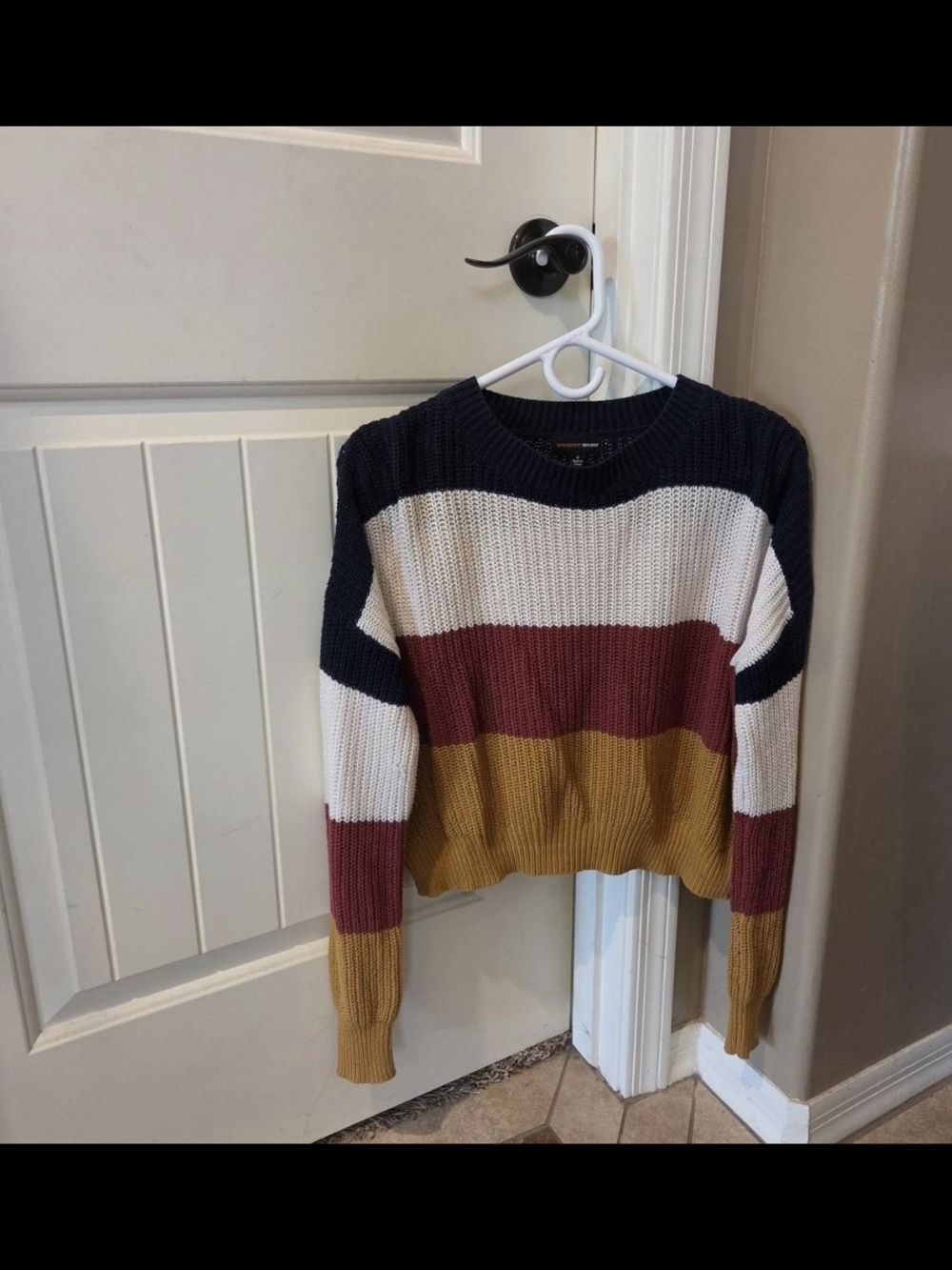 Striped Knit Pullover Sweater in Navy, Cream, Rust & Mustard